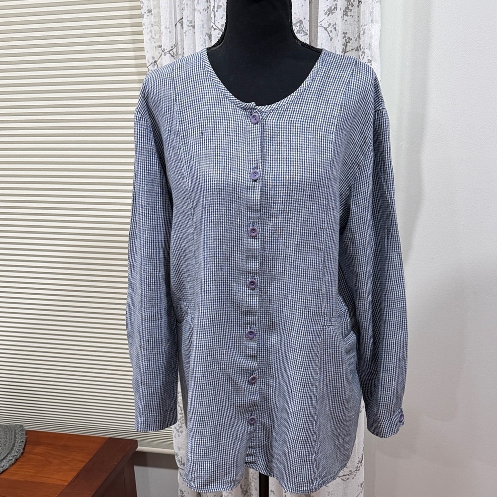 Flax Blue Micro-Check Button Front Tunic 100% linen like new 22” pit to pit